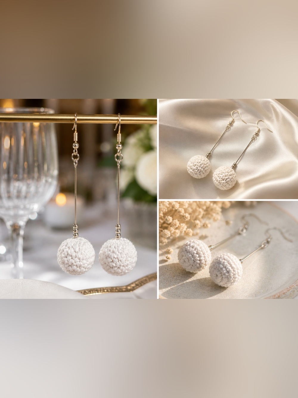 Hand Crafted Crochet Ball Drop Earrings in White